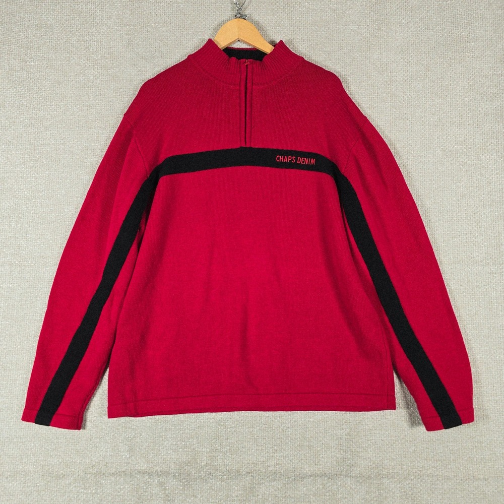 Chaps Denim Vintage 1/4 Zip Sweater Mens XL Red Black Stripe Cotton Pullover Y2K
